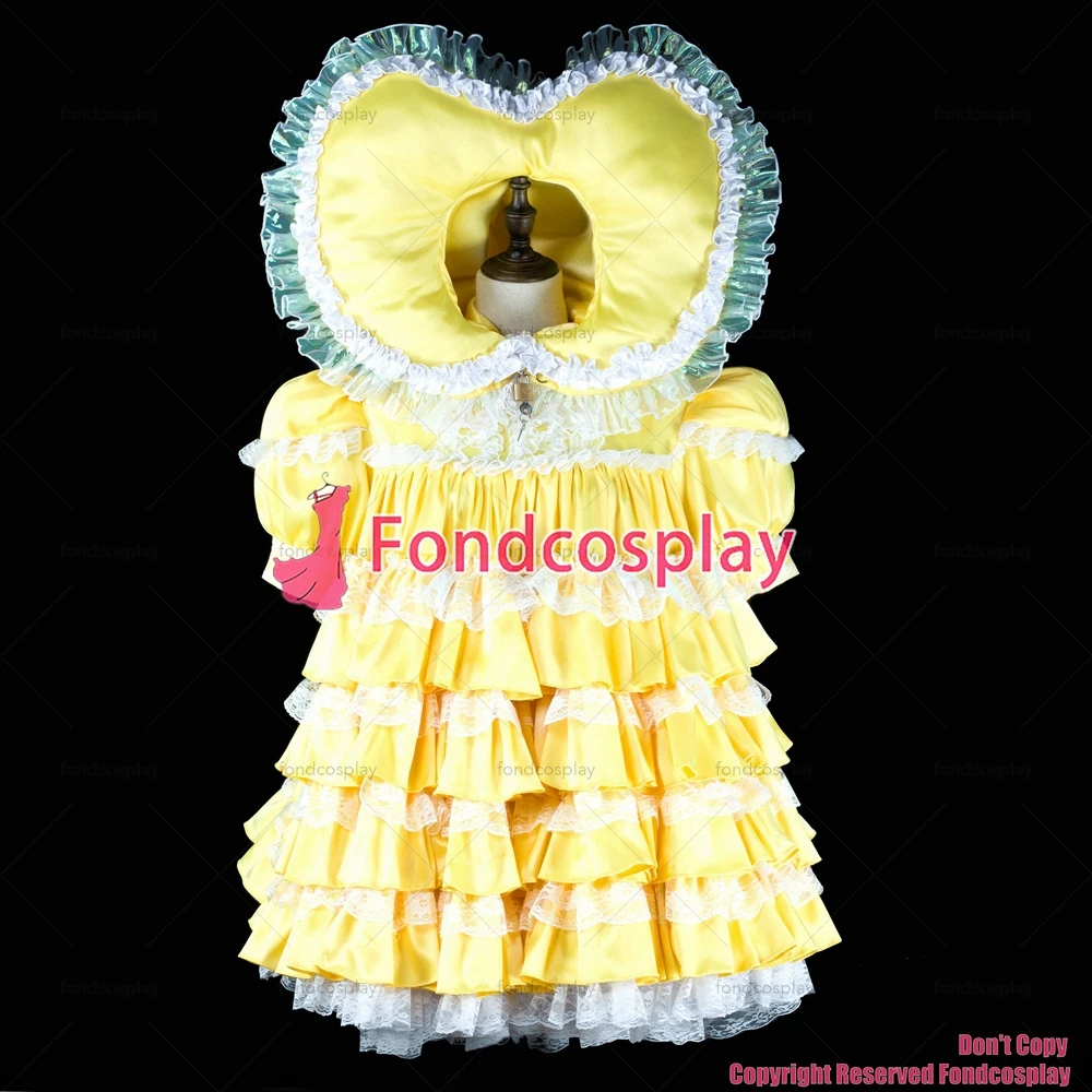 fondcosplay adult sexy cross dressing sissy maid baby yellow Satin Dress lockable heart hood costume CD/TV[G2392]