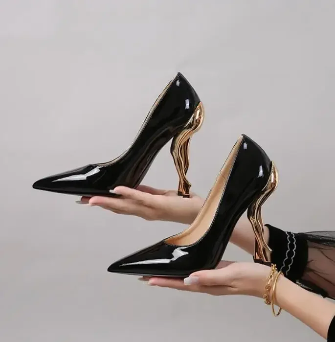 Sexy Gold Two Leg Strange High Heel Pumps Black Patent Leather Pointed Toe Woman Shallow Slip On Banquet Shoes