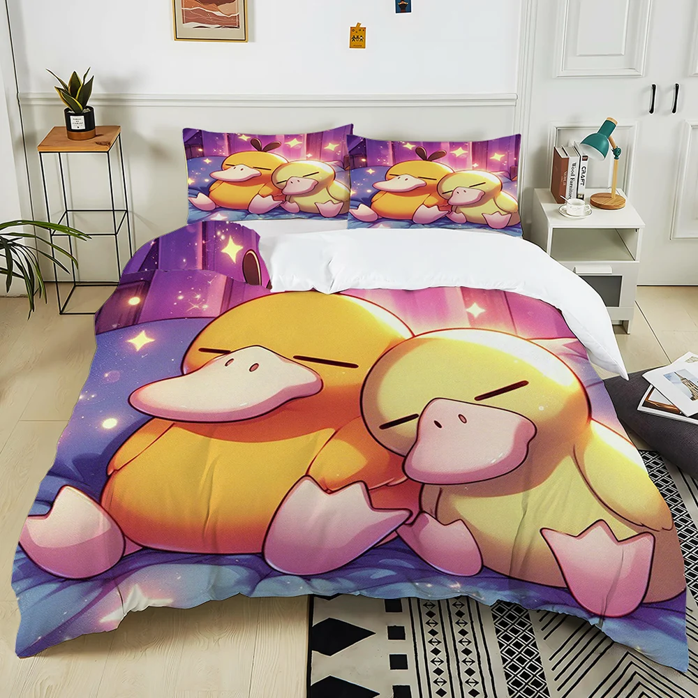 Ctue Pokémon Psyduck Printed Bedding Set 3PC 1 Duvet Cover 2 Pillowcases Adult and Children Warm Soft Bedding Set Luxury Gift