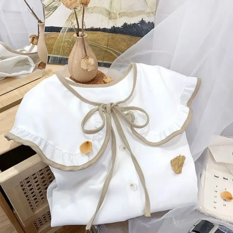 여성용 빈티지 부드러운 셔츠, 피터팬 칼라, 프랑스 스타일, 대학생 루즈한 문학 레이스업, 달콤한 가을 디자인, 인기 만능