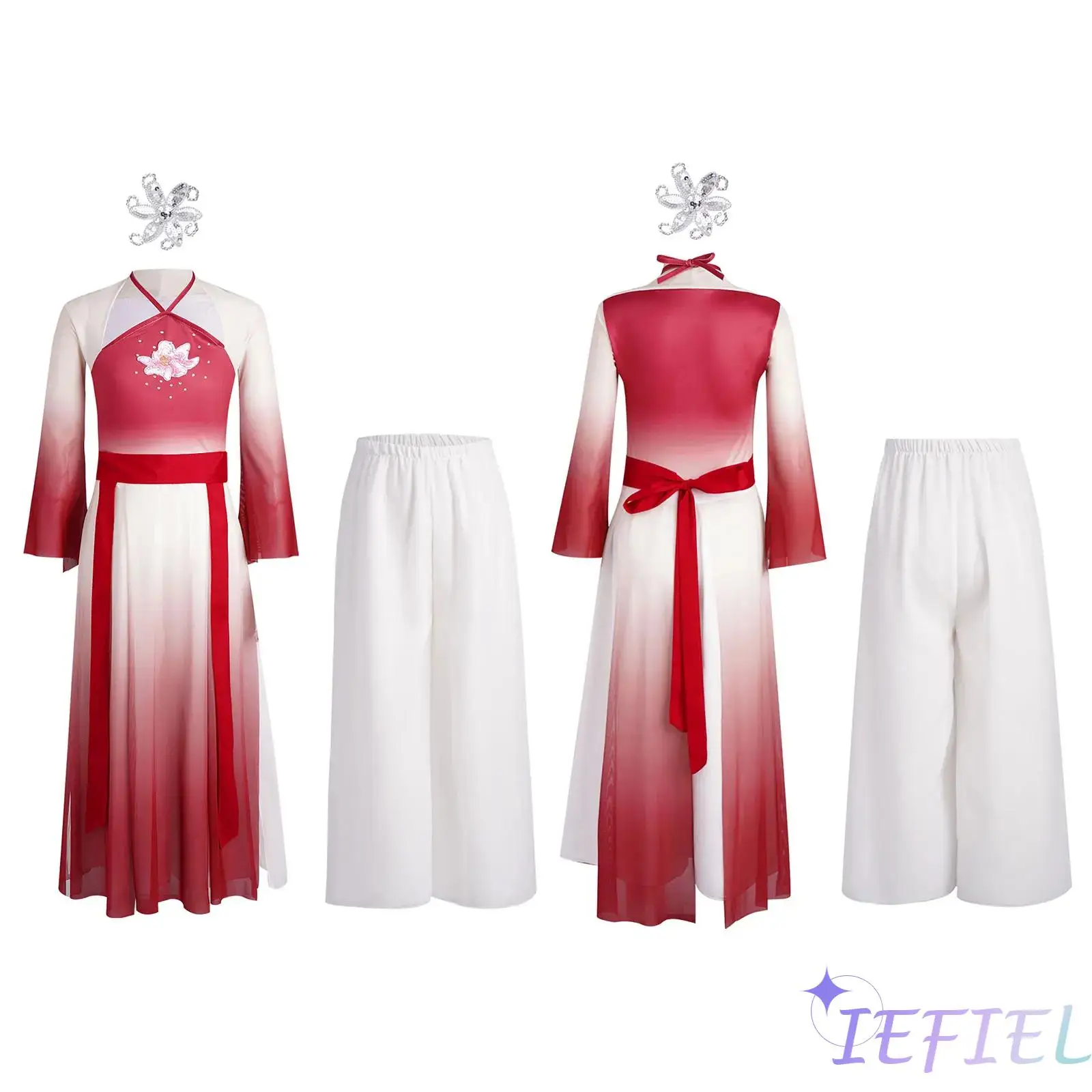 

4Pcs Girls Classical Dance Performance Costume Chinese Style Ethnic Dress+Double Layered Wide Leg Pants&Shiny Sequins Headwear