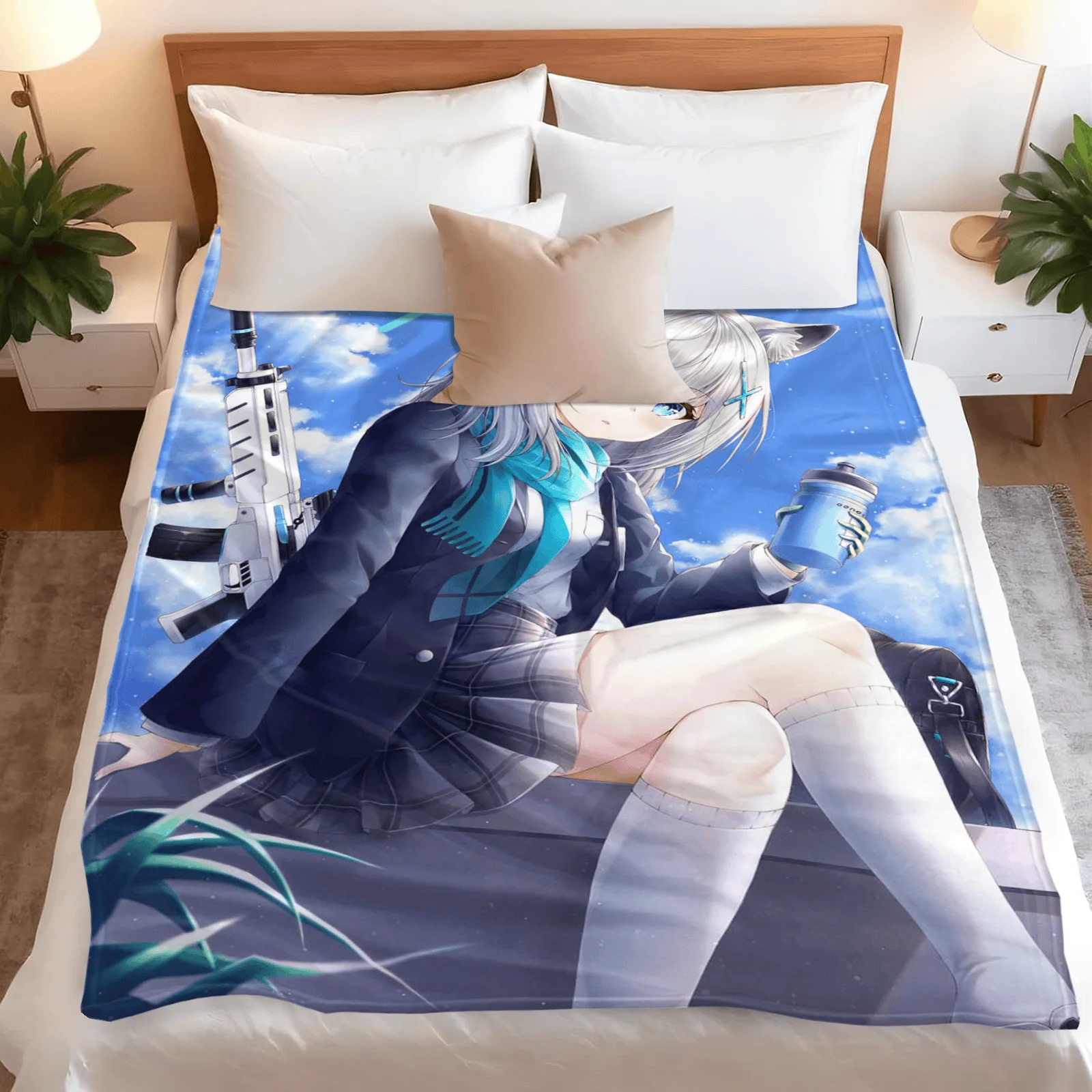 

Blue Archive Style Cartoon Flannel Blanket - Ultra Soft Double-Layer Fleece, Cute Anime Print, Cozy for Winter