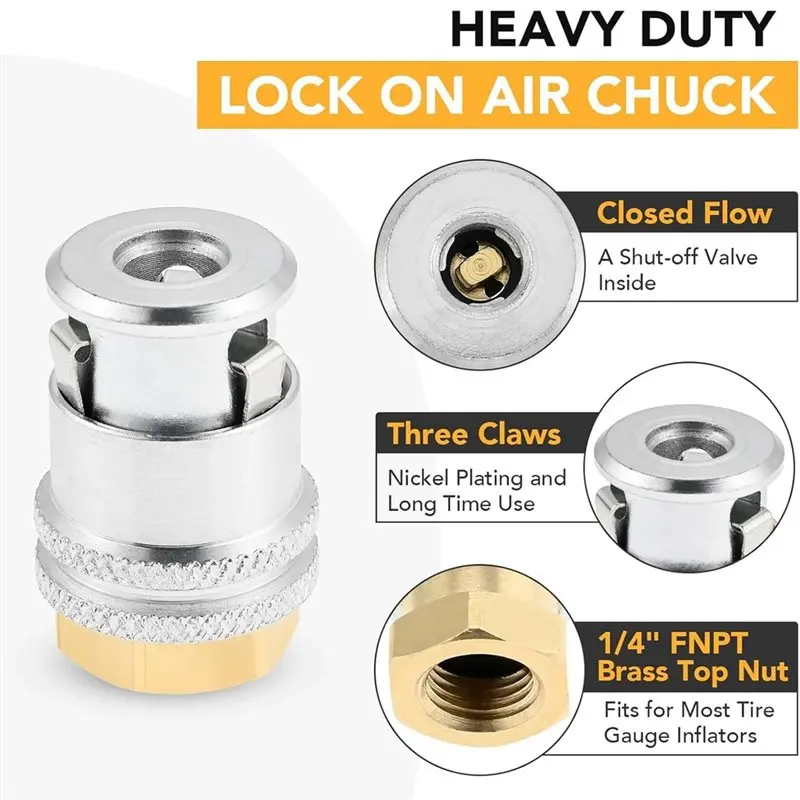 DT39 2 Pcs 1/4FNPT Locking Air Chuck, Heavy Duty Straight Closed Flow Tire Chuck for Compressor Accessories
