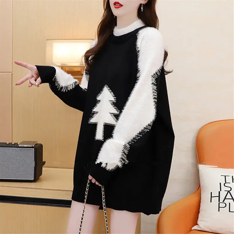 Sweater wanita musim gugur/musim dingin, Sweater desain rasa pohon Natal blok warna Jacquard, atasan longgar panjang sedang Korea 2023