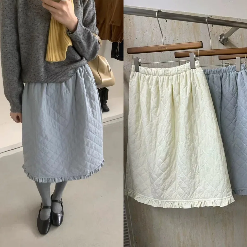 

Autumn Winter New Sle Women's Midi Skirt with Wood ain Cotton Gathers High Waist Loose Fit Sweet Sle Casual Wear