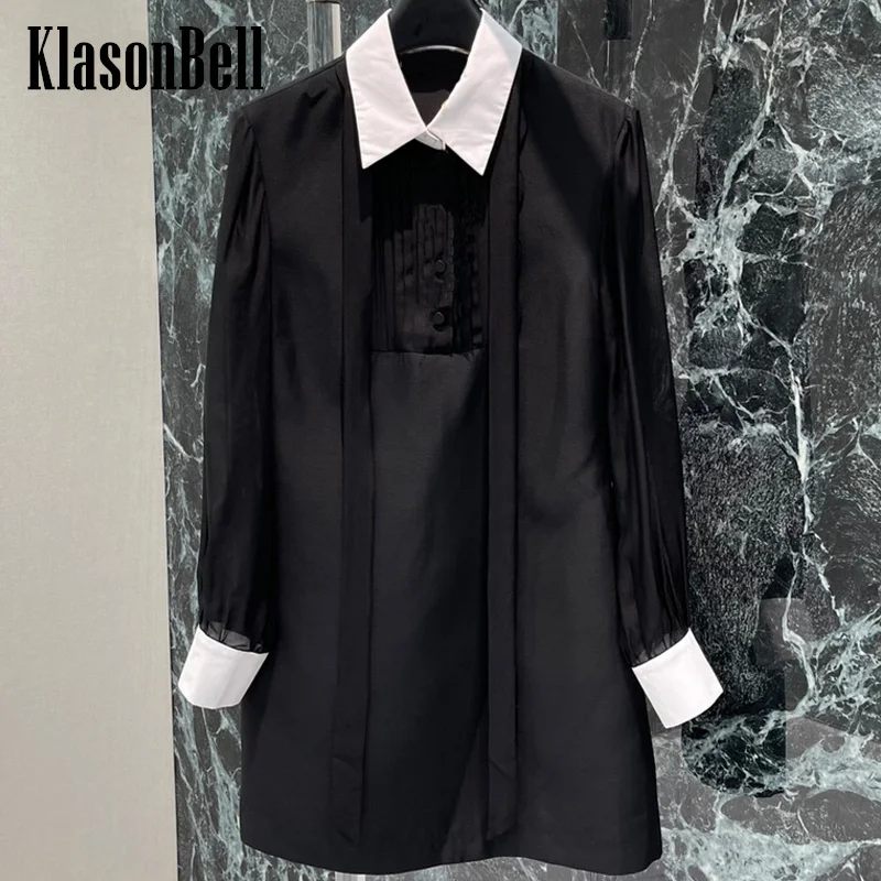 

7.30 KlasonBell Fashion Women Celebrity Same Spliced Long Sleeve Dress Contrast Color Lapel Ribbon Mini Dress