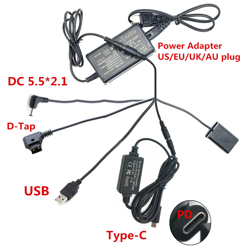 FW50 Dummy Battery Coupler to Power Adapter DC USB Type-C USB-C D-Tap Cable for Sony A7 A7R A7S II A6500 A6400 PowerBank NP-FW50