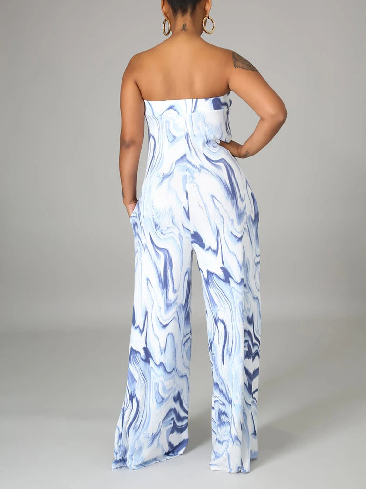 Fashion Abstract Print Off The Shoulder Pocket Design Bra Print Jumpsuit