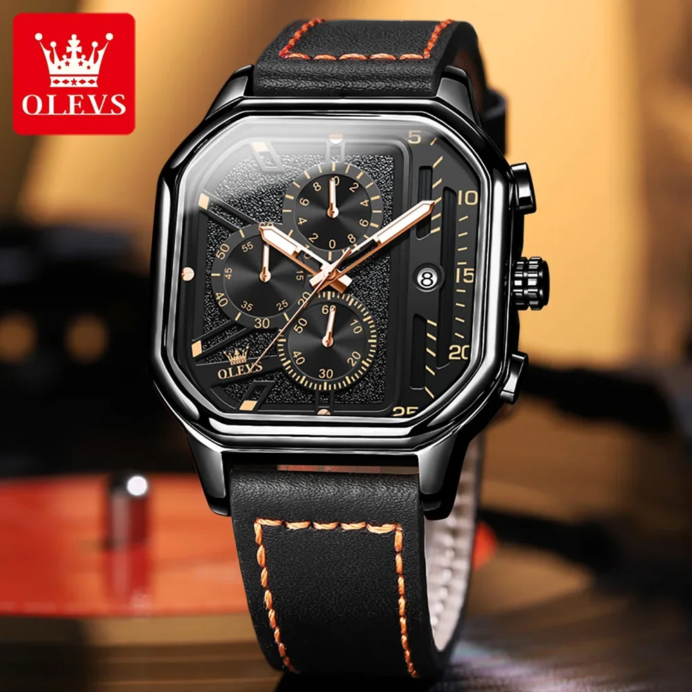 

OLEVS 9950 Quartz Watch for Men Waterproof Luminous Leather Strap Chronograph Clock Man TOP Brand Original Wristwatch Male Gift