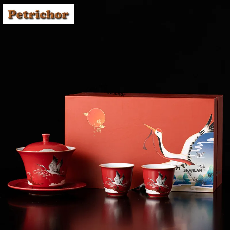 Forbidden City Red Crane Tea Set Complete Set Antique Tea Ceremony Set Teapot And Tea Cup Set Teaset Equipment Decoration Craft