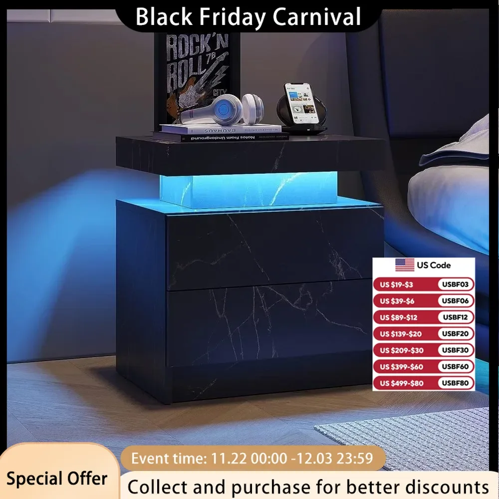 LED Nightstands, Bedroom Furniture with Changing RGB Light & Remote for Bedroom and Living Room, Bedside Table with 2 Drawers,