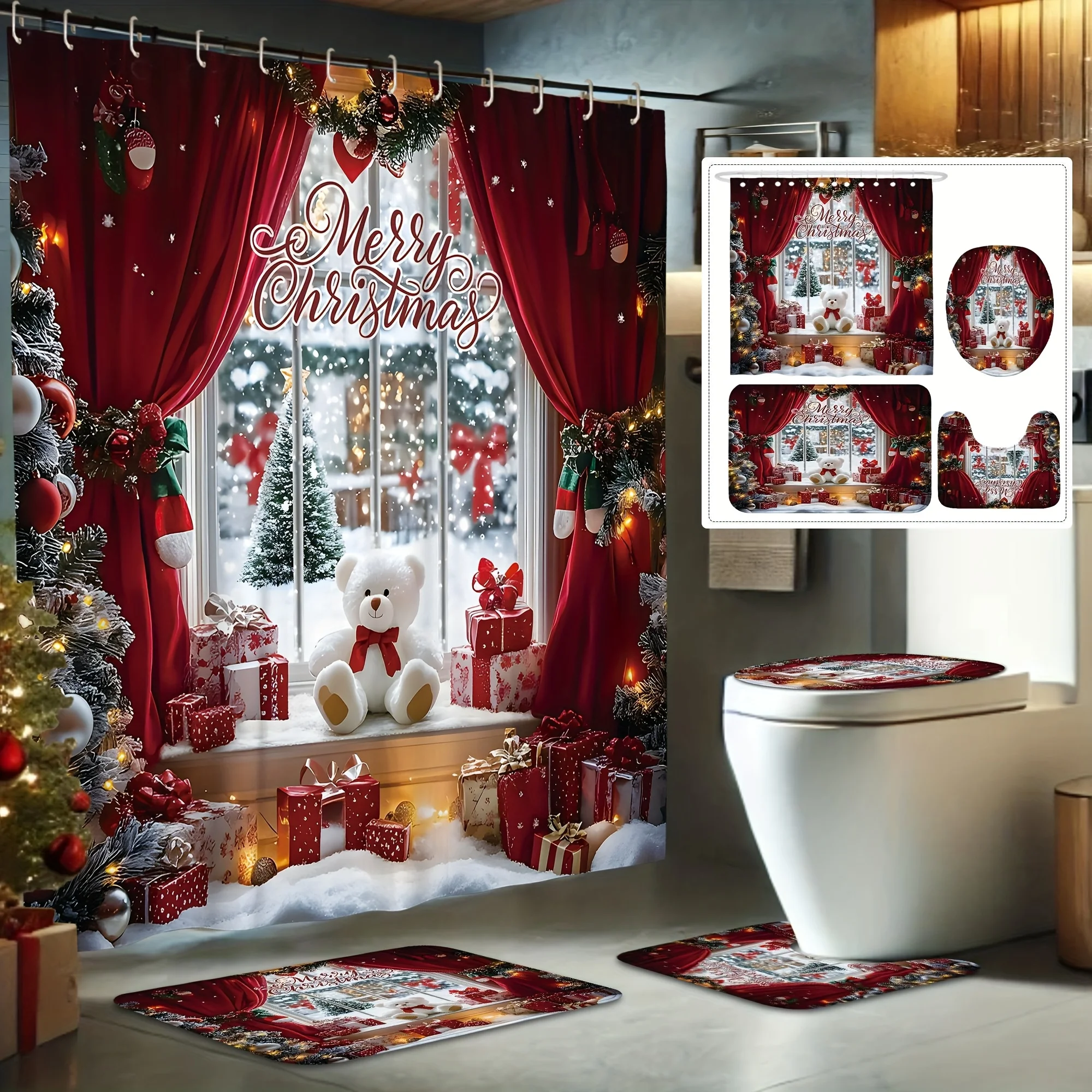 4Pcs Nutcracker Ballet Shower Curtain Set,King Soldier Mouse Character Design with Non-slip Mat & Toilet Lid Pad, Christmas Gift