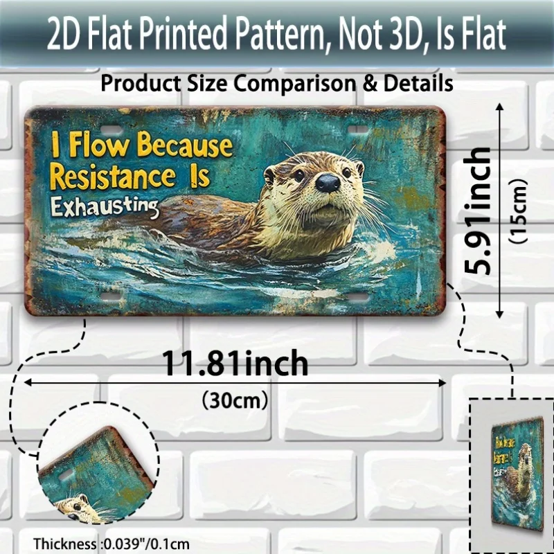 2D Flat Printing, 1pc, Retro Aluminum License Plate with Otter-Themed Humorous Sayings, Sign, Display Stand (12 Inches X 6 Inche