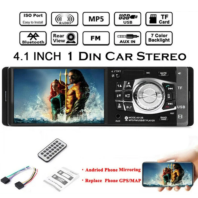 

Автомагнитола 1 DIN, экран 4,1 дюйма, Bluetooth, USB/SD/AUX