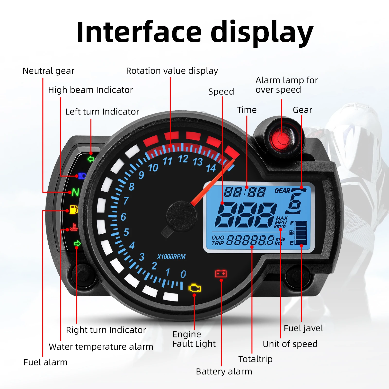 New Motorcycle Speedometer LCD Digital Motorcycle RX2N Odometer Speed Gauge Meter Adjustable MAX 299KM/H 7Colors Moto Dashboard