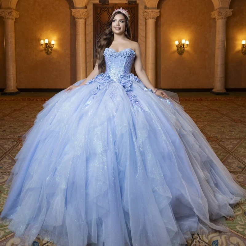 

Sky Blue Shiny Quinceanera Dresses Off The Shoulder Applique Flower Beading Crystal Bow Tull Corset Party Birthday Sweet 16