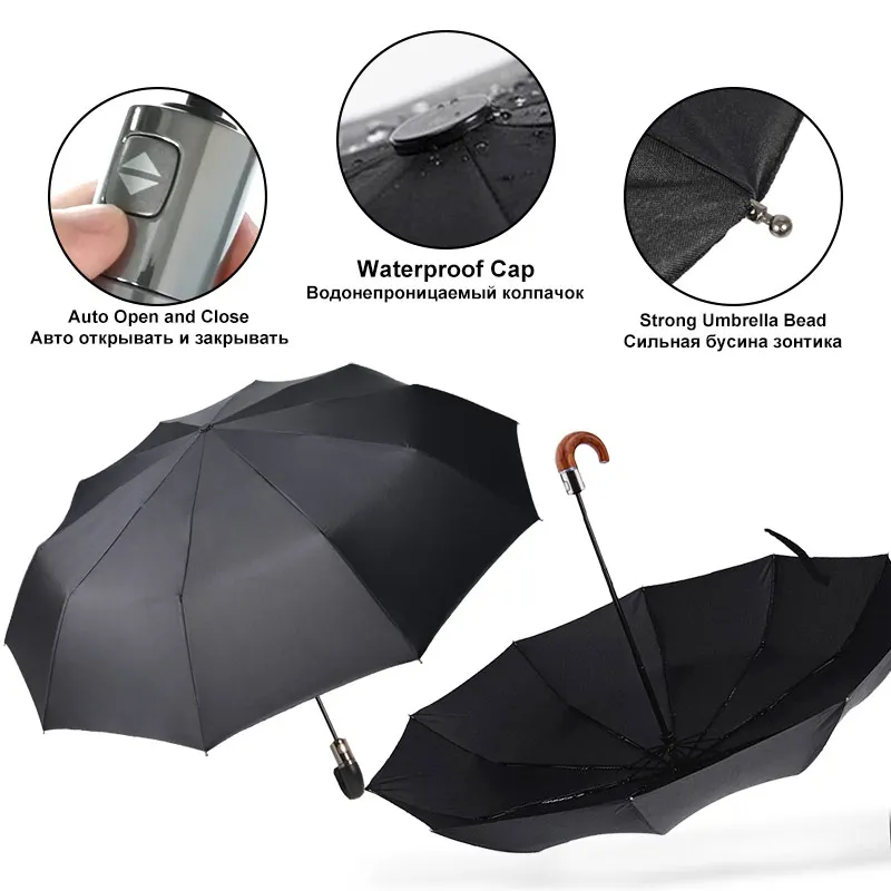 Windproof Three Fold Umbrella for Men, Strong Reinforced Umbrellas, Wind Resistant, Automatic, Sunny Rain, 10 Ribs