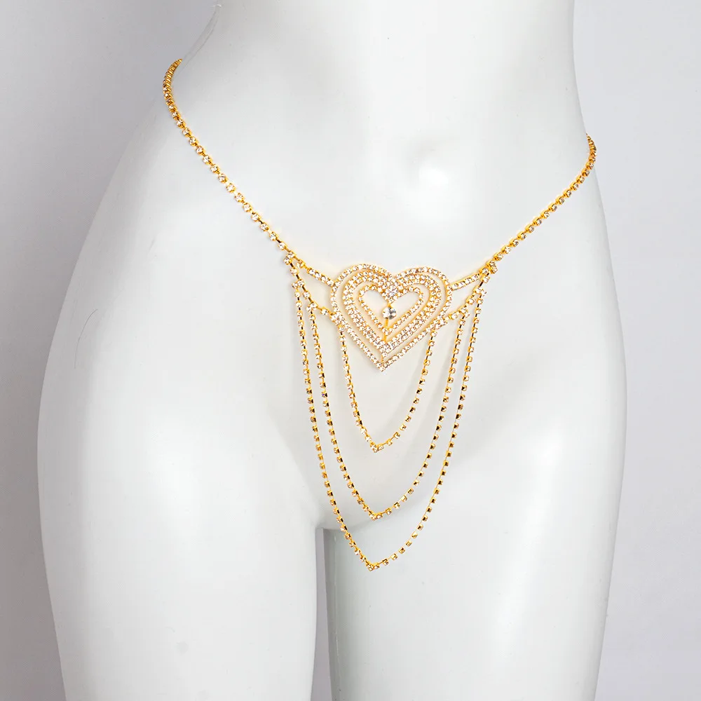 Fashionable Single Layer Heart Patterned Tassel Rhinestone Waist Chain Women\'s Body Chain