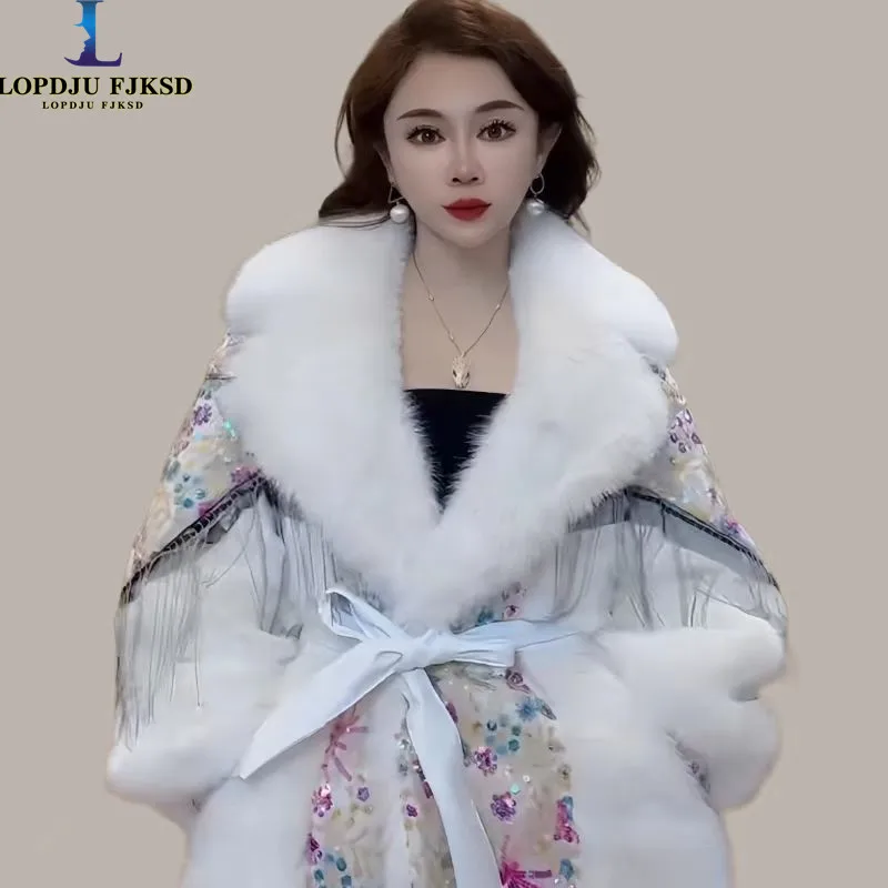 

Faux Fur Coat for Women,Adjustable Waist Jacket,Thick Warm Female Clothes,Big Fur Collar,Sequins，Autumn and Winter, 2024