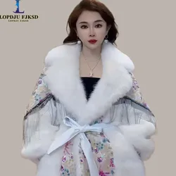 Faux Fur Coat for Women,Adjustable Waist Jacket,Thick Warm Female Clothes,Big Fur Collar,Sequins，Autumn and Winter, 2024