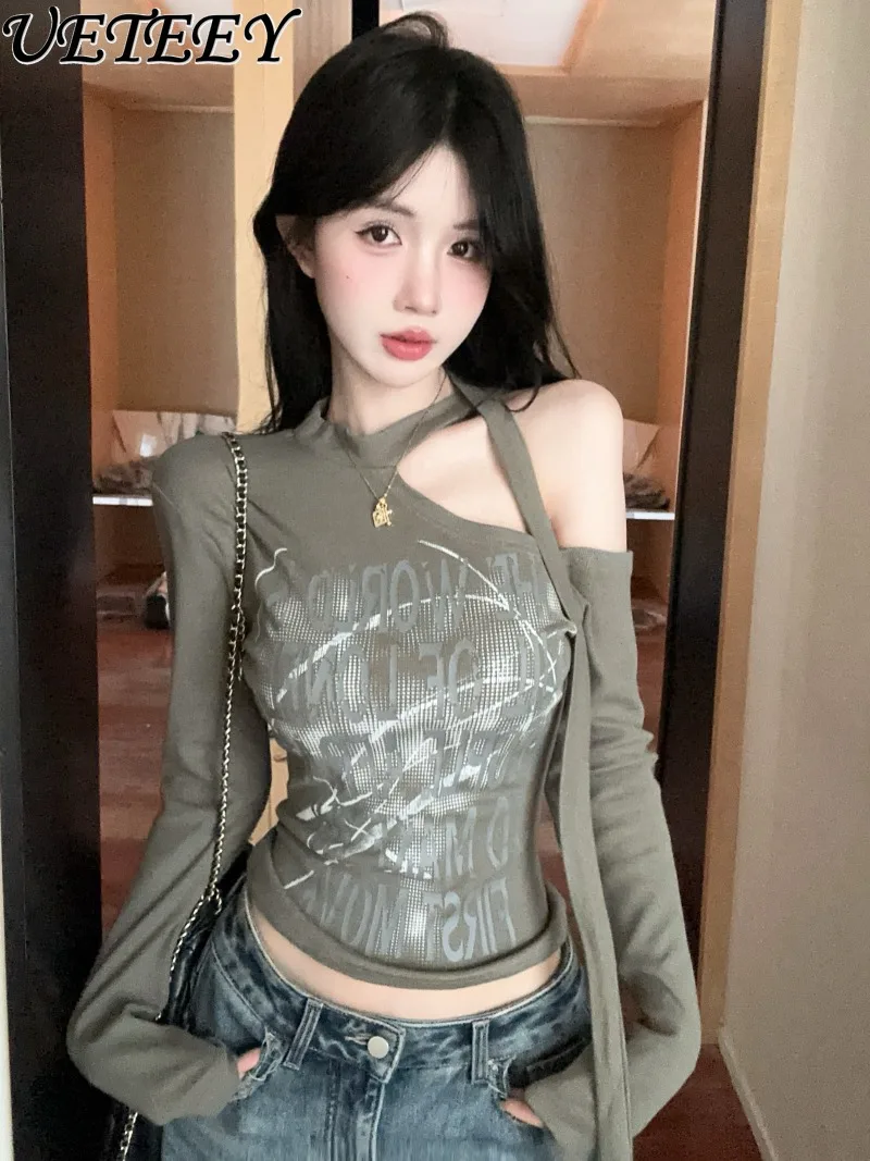 

Женская футболка с длинными рукавами и асимметричным вырезом нестандартной формы, осенняя базовая рубашка с открытыми плечами, универсальный топ с буквенным принтом для внутренней одежды