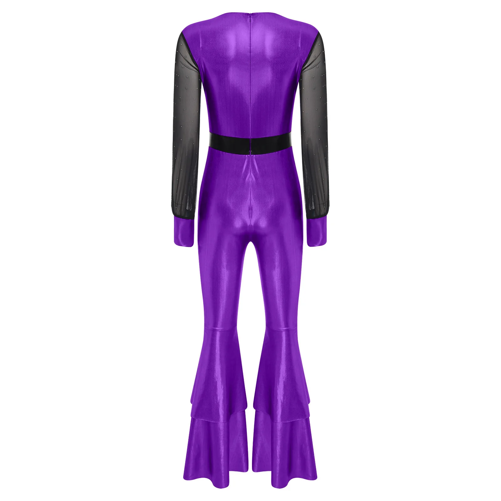 สตรี 70s 80s Disco Rompers เงาตาข่ายฉัตรกระดิ่งด้านล่าง Flared ยาวกางเกงเมทัลลิคเงาคลาสสิก Hippie Vintage Jumpsuit