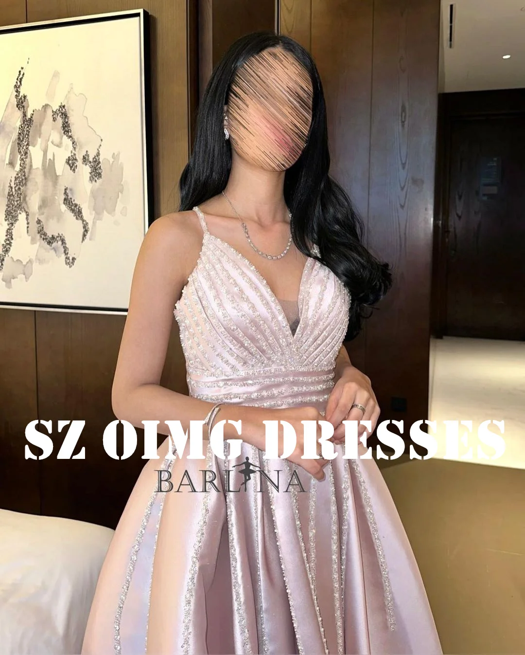 OIMG New Design Beads Prom Dresses Arabic Women Ruched Satin Sleeveless Spaghetti Straps Pink Evening Gowns Formal Party Dress