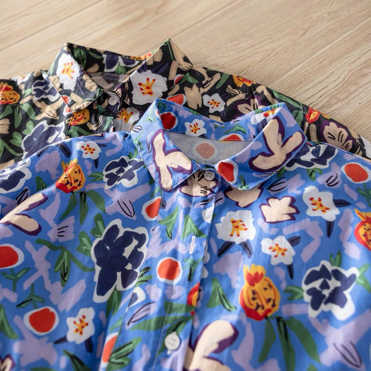 

2026 Women's Vintage Tropical Floral Print Short Sleeve Shirts 100% Cotton Blouses Blue Flower Oversized Summer Beach Blouse Top