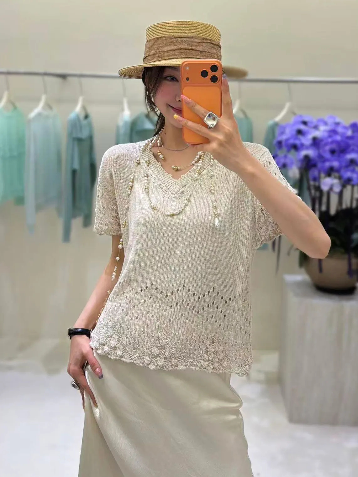 

Женский льняной вязаный топ с V-образным вырезом и коротким рукавом, ажурный, свободный, стройнящий, летний, модный, повседневный, дышащий