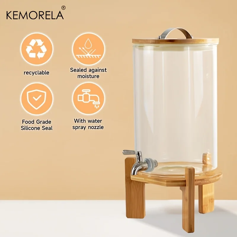 5L Glass Beverage Dispenser with Stand - Clear Drink Dispenser with Spigot Needed Durable Glass & Wood Base for Parties Bar