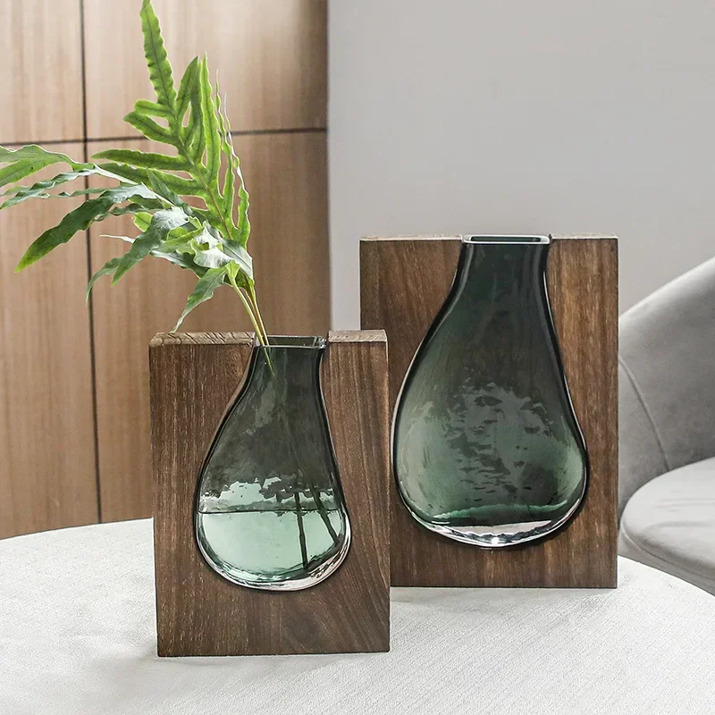 Nordic simple log solid wood modern glass vase home furnishings