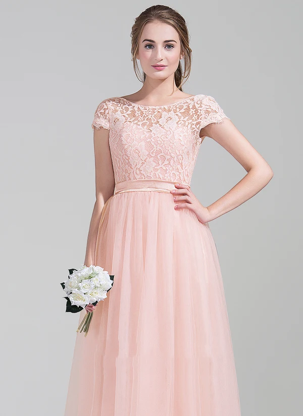 FATAPAESE Bridesmaid Dress  A-Line/Princess Scoop Neck Floor-Length Tulle Lace Wedding Guest  Dress With Bow Party Gown