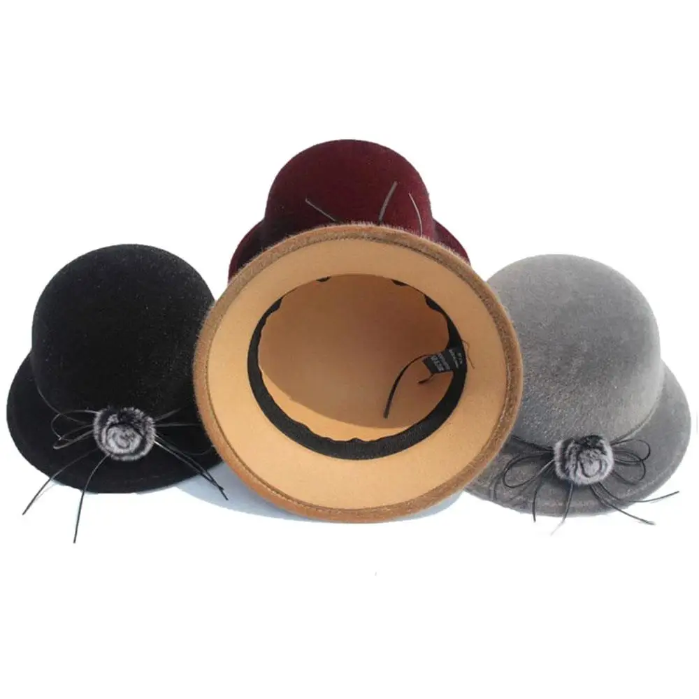 Sombrero Fedora elegante para mujer, sombrero de fieltro con lazo y pompón Vintage, gorro de fieltro de lana de imitación para invierno y otoño, sombrero de Iglesia de Panamá