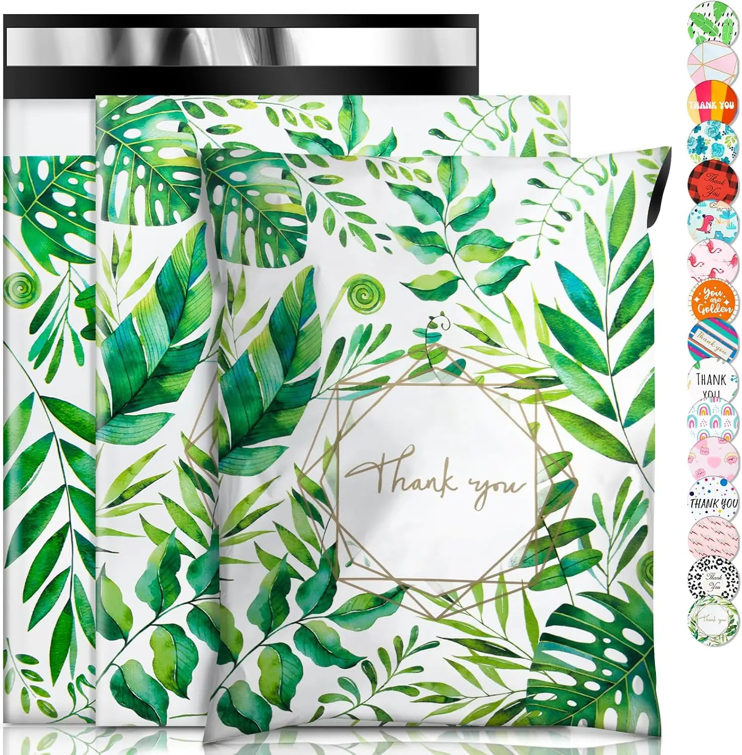 50pcs Thankyou Green Leaf Polymailer Mailing Bags Vinted Parcel Bags Waterproof Poly Mailer Shipping Bags for Clothing and Gift