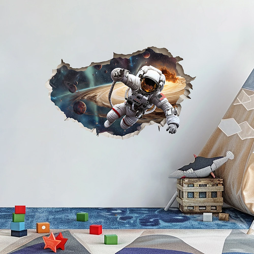 Astronaut Roaming in Space Creative PVC Wall Hole Art Cosmic Galaxy Planet Mural Stickers for Kids Room Home Nursery Decoration