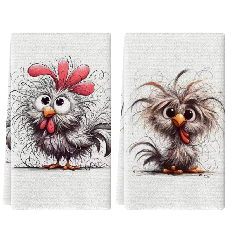 2Pcs, Cute Curly Chicken Kitchen Towels, 40Cm*60Cm Towel Set, Super Absorbent Soft Cleaning Cloth, Cooking and Baking Tea Towel, Hand Towel, Cleaning Cloth, Dishwashing Cloth, Kitchen Decoration, Living Room Decorations, Kitchen Essentials, Home Essentials