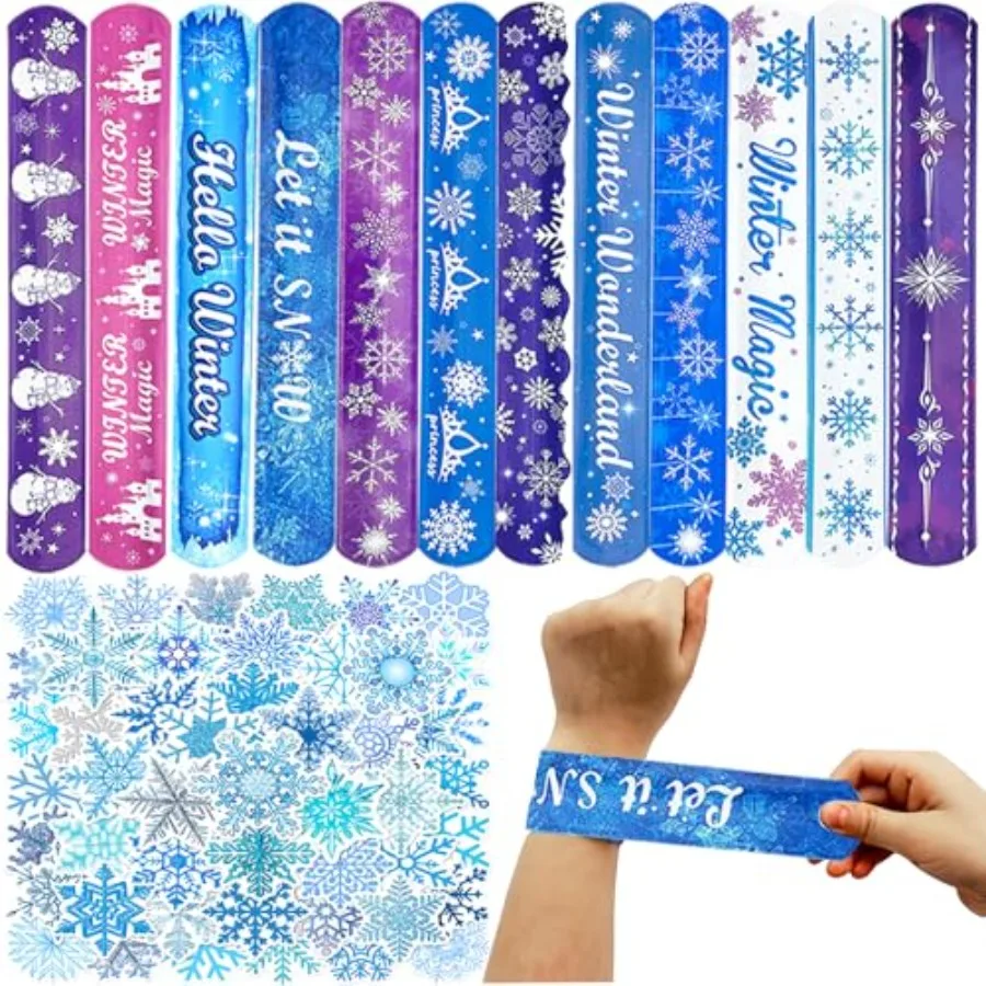 

74Pcs Snowflake Theme Party Favors Contain 24 Pcs Snowflake Theme Slap Bracelets 50Pcs Snowflake Theme Stickers, Ice and Snow T