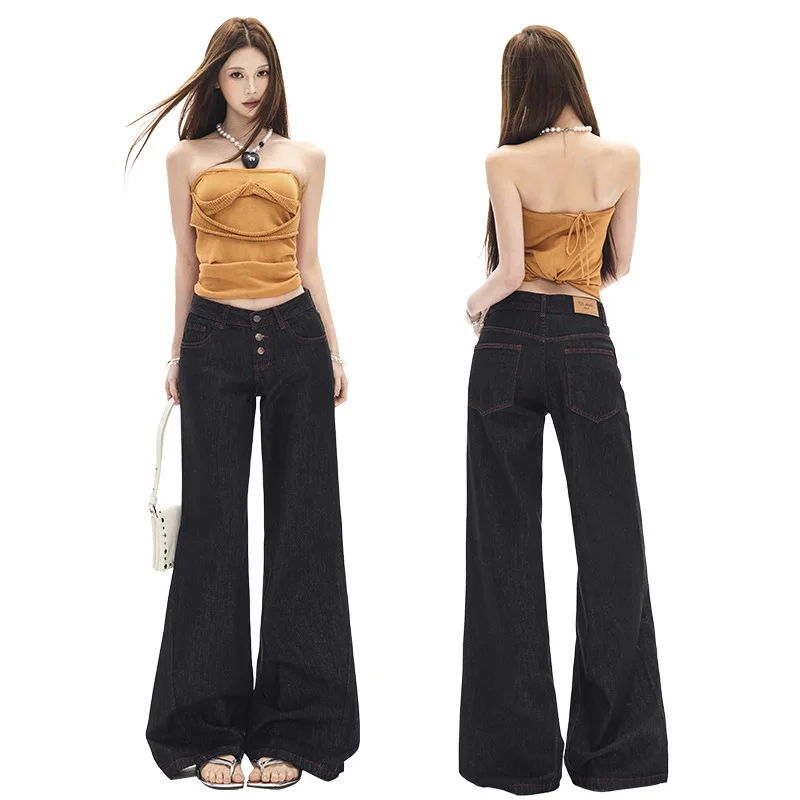 

Classic Low Waist Floor-Length Knife Button-Up Contrast Color Zigzag Stitching Denim Jeans Women's Slim Fit Cotton Stretch