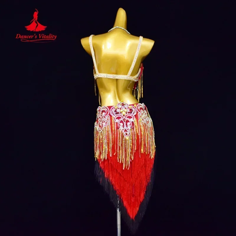 Belly Dancing Performance Costume Set High-end Customized AB Stones Bra+Tassel Skirt 2pcs Adult and Child Competition Clothing