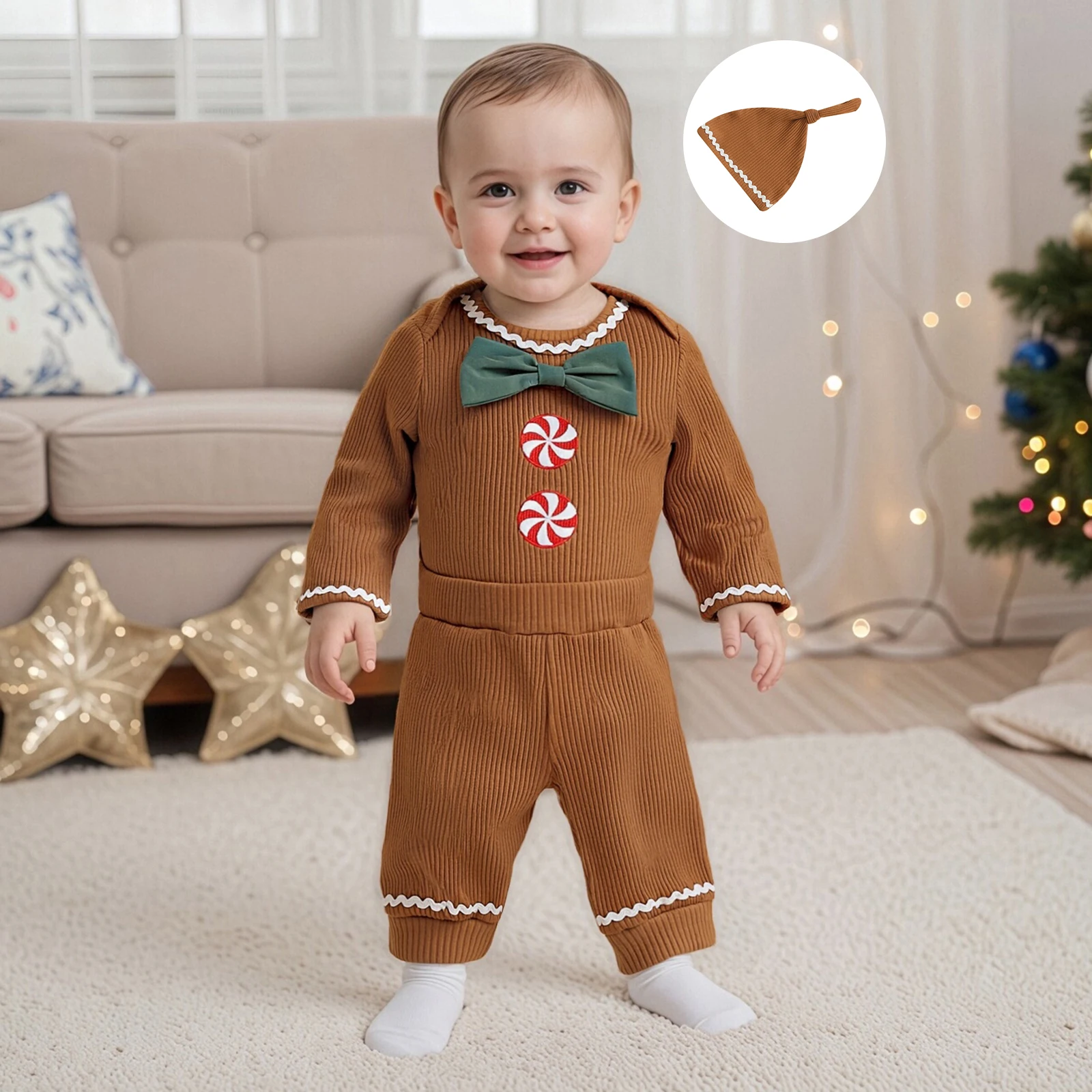 3 PieceInfant Baby Christmas Outfit Long Sleeve Round Neck Gingerbread Man Bow Jumpsuit Hat Elastic Waist Pants Set Xmas Clothes