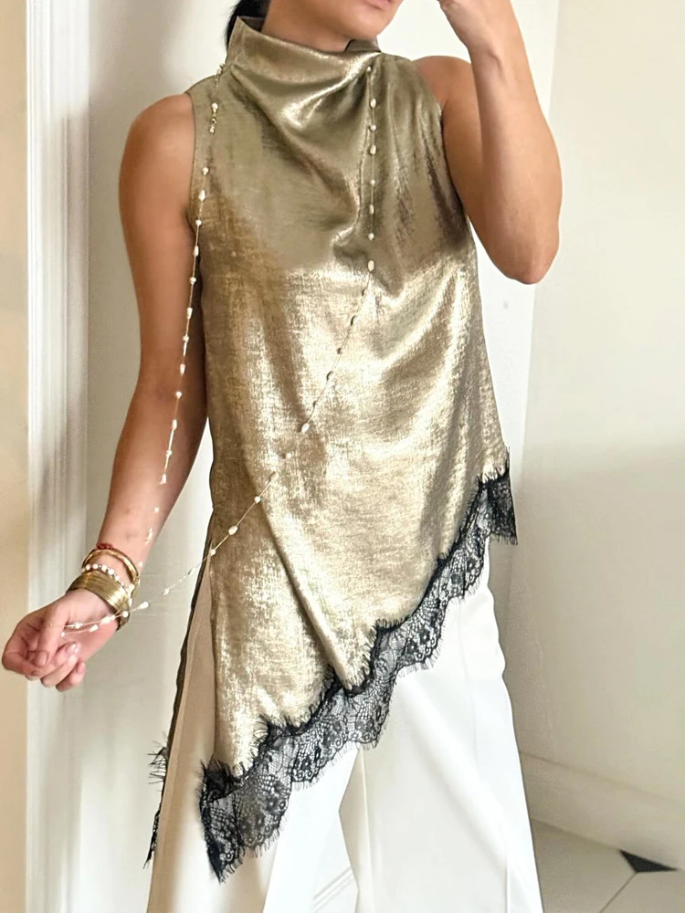 Elegant Draped Temperament Shirts Sexy Lace Embroidery Solid Color Satin Tops Women Fashion Turtleneck Sleeveless Loose Blouses