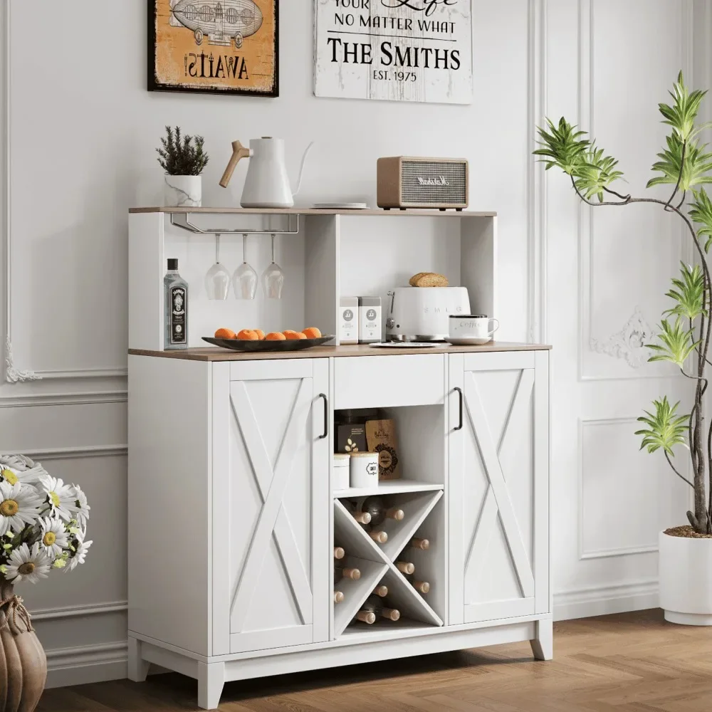 Wine Bar Cabinet , Farmhouse Storage Cabinet with Wine Rack, Buffet Sideboard for Dining Room, White