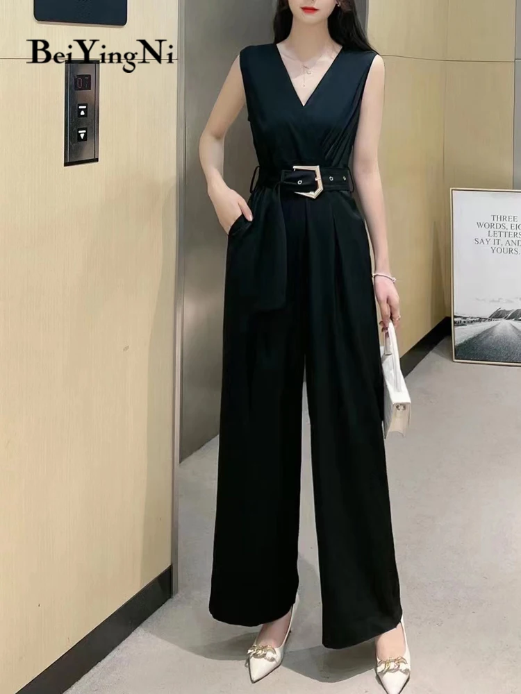 Beiyingni Women Wide Leg Pants Jumpsuit Sleeveless Sashes Casual High Waist Overalls Office Ladies Elegant Playsuits Plain 2023