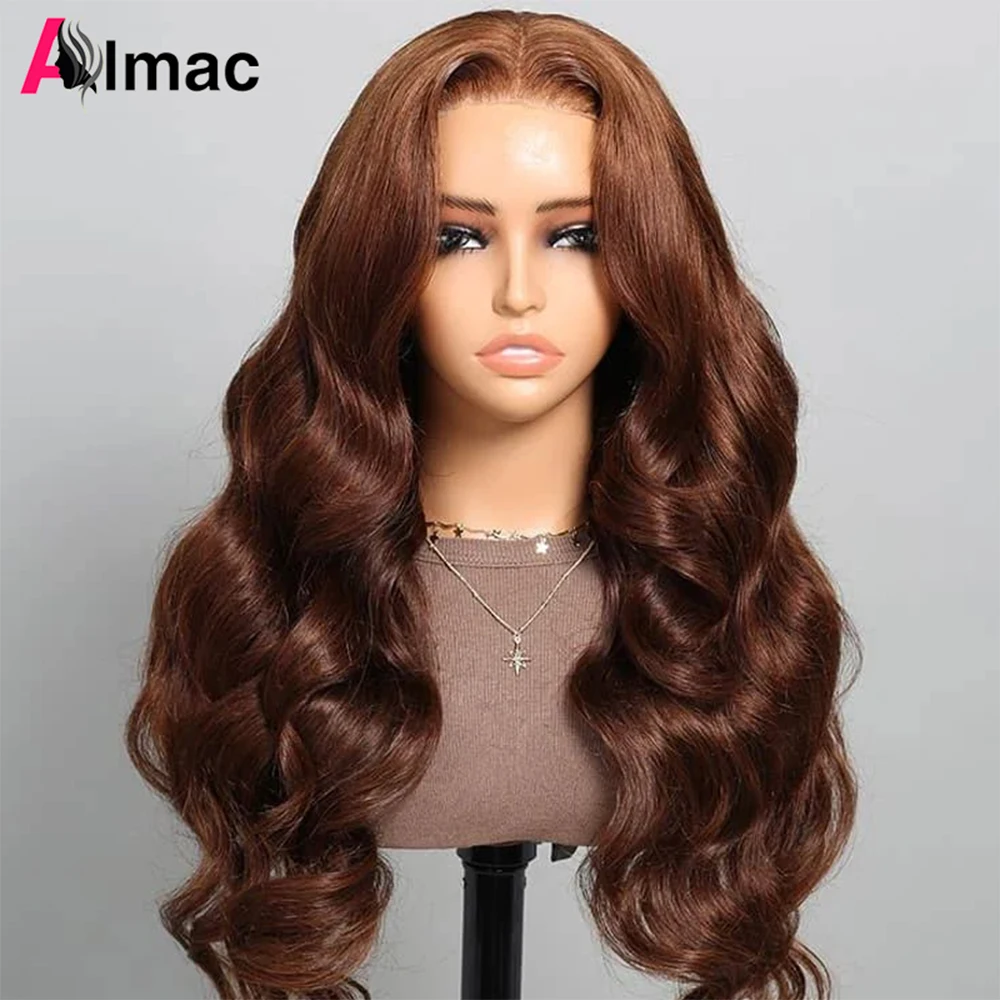 Peruca frontal do laço da onda do corpo para mulheres, perucas de cabelo humano, cabelo indiano cru, cor marrom, fechamento pré-arrancado, 4x4, 12-26 polegadas, densidade de 200%