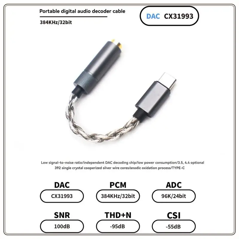 Reliable-Type C Headphone Adapter CX31993 32Bit 384Khz Audio Decoding Cable Type C To 4.4Mm DAC Amp Adapter,Type C Headphone Ada