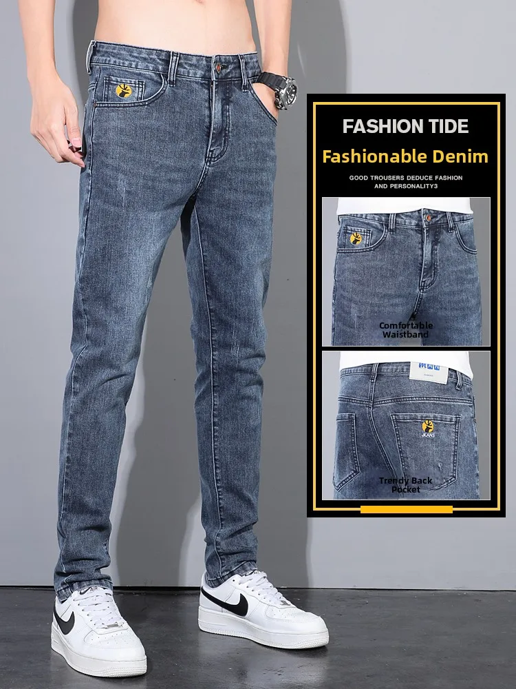 

Мужские джинсы Slim Fit, повседневные, прямые, со средней посадкой, из смесового хлопка и полиэстера, осенние, модные, молодежные