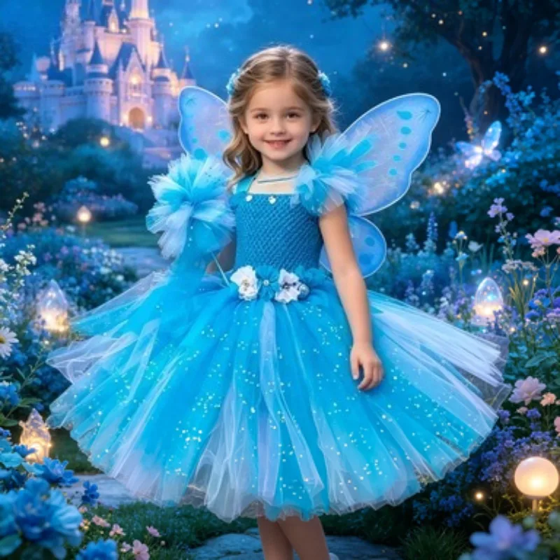 Girls Pink Fairy Tutu Dress with Wings,Kids Princess Cosplay Outfit, Cute Dress Costume for Birthday, Halloween and Themed Party