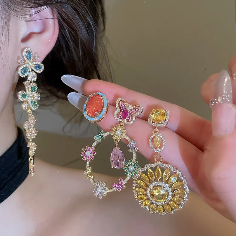 Minar New Vintage Multiple Candy Color Full CZ Cubic Zirconia Flower Water Drop Butterfly Wings Long Dangle Earrings for Women