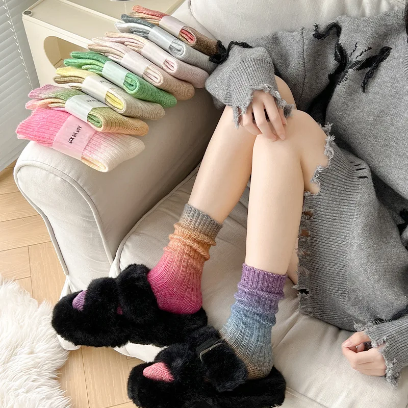 Women's Gradient Wool Socks Thick And Warm Calf Socks Harajuku Colorful Floor Socks Pile Socks Autumn And Winter Mid Tube Socks