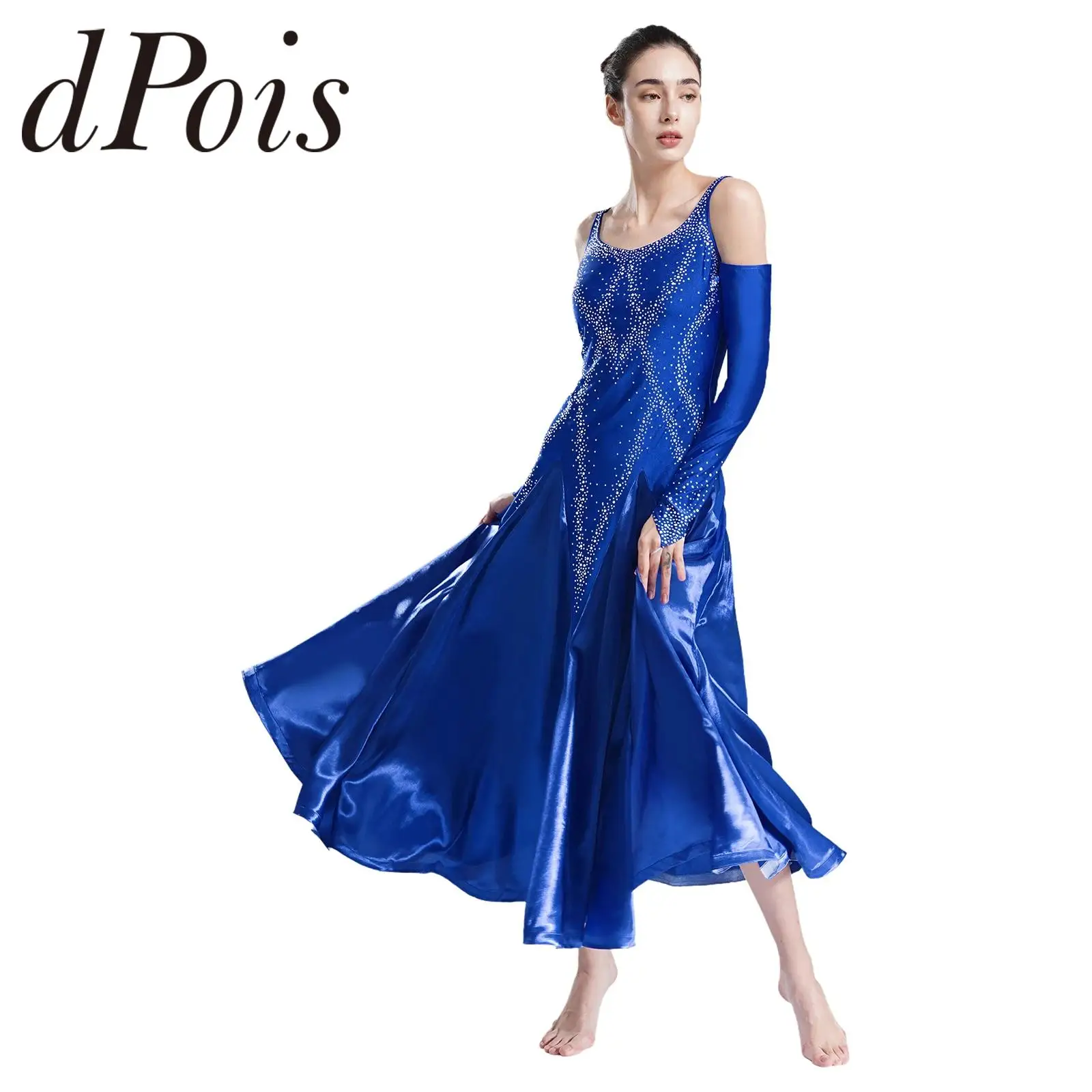 Womens Ballroom Dance Costume V Neck Backless Cold Shoulder Dress Lyrical Dancewear for Waltz Modern Dancing Performance Costume